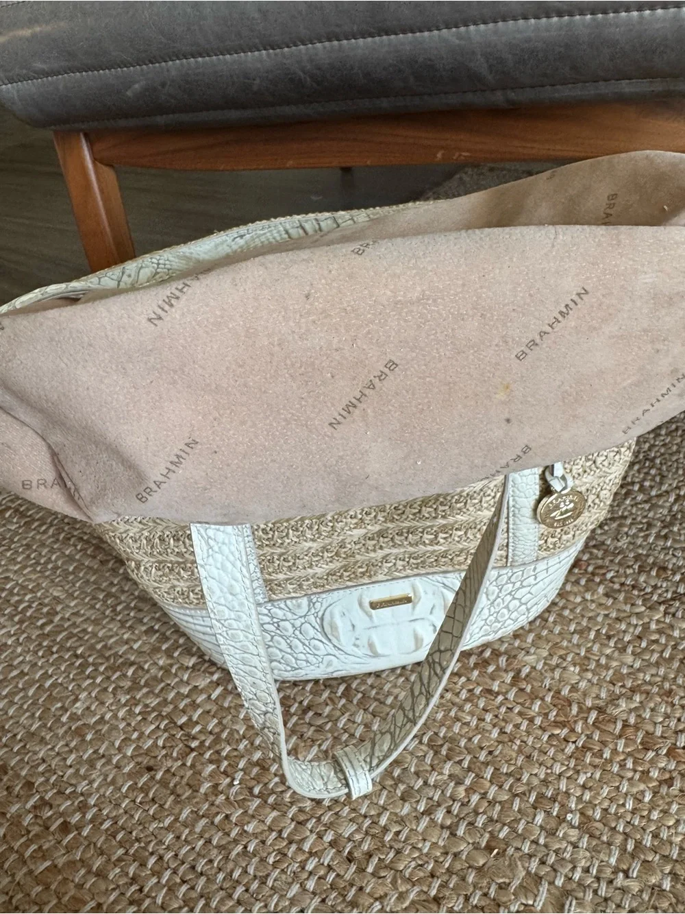 Brahmin Asher straw/white leather  shoulder bag.